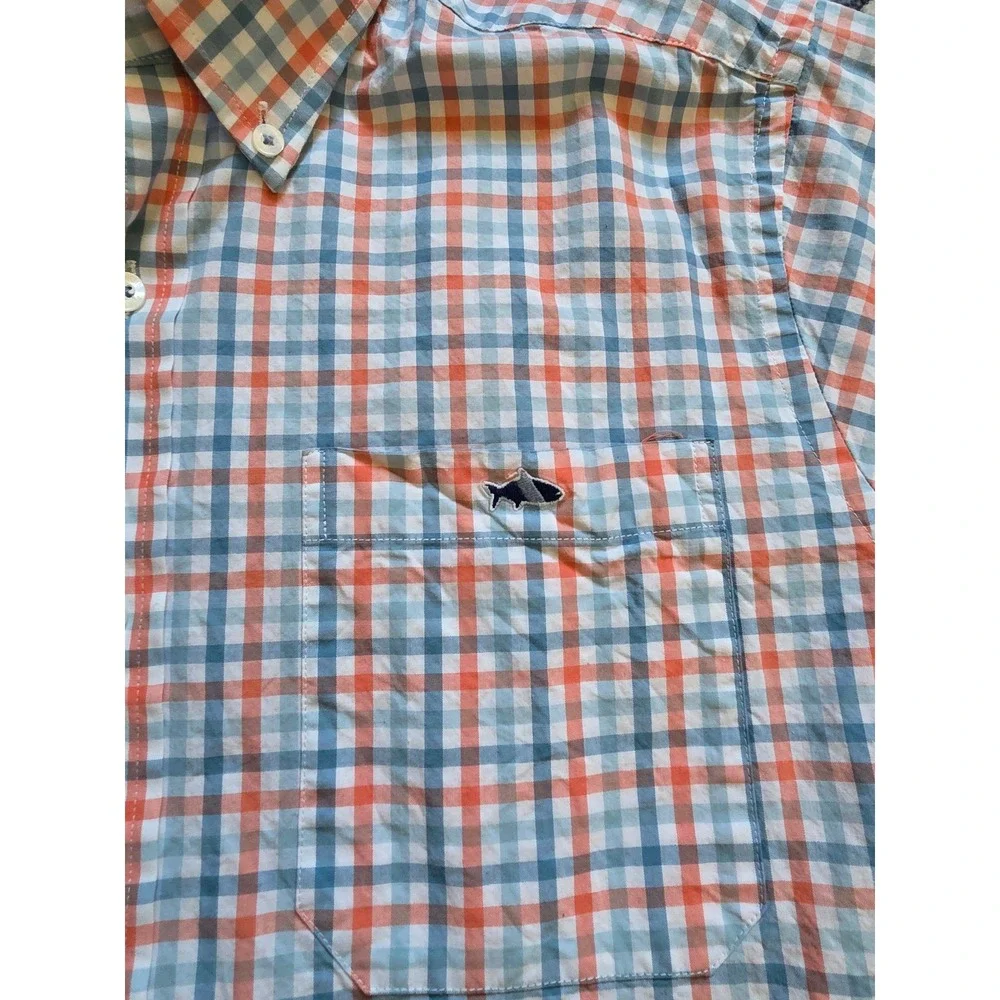 Fish Hippie Men's Small Tailored Fit‎ Coral Pink Blue Gingham Collared L/S Shirt